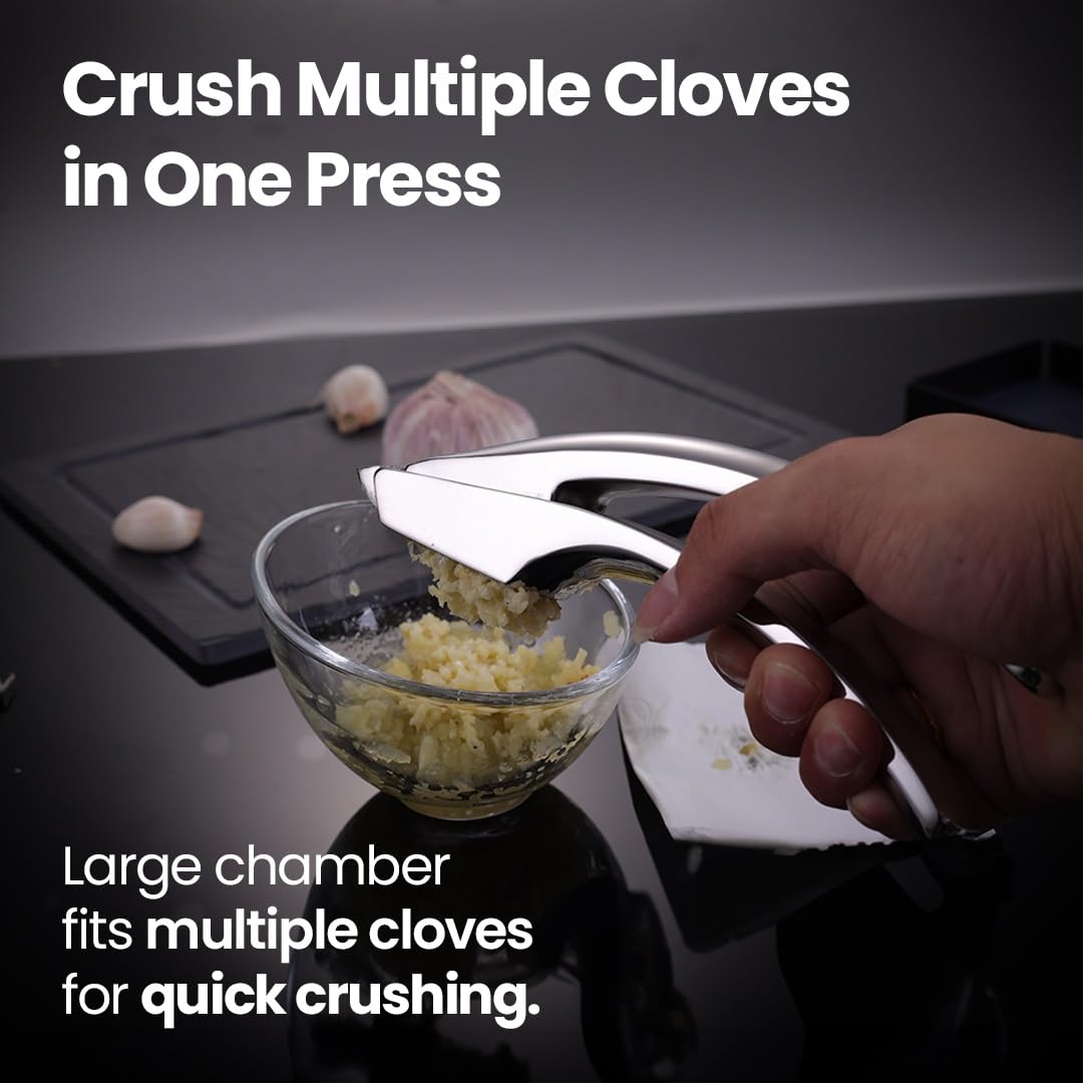 Gourmet Easy stainless steel garlic press designed for durability and rust resistance.