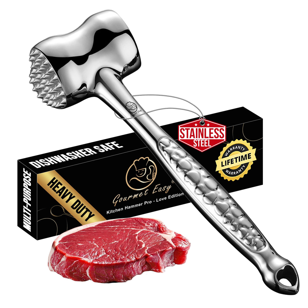 Gourmet Easy stainless steel meat tenderizer dual-sided for even pounding