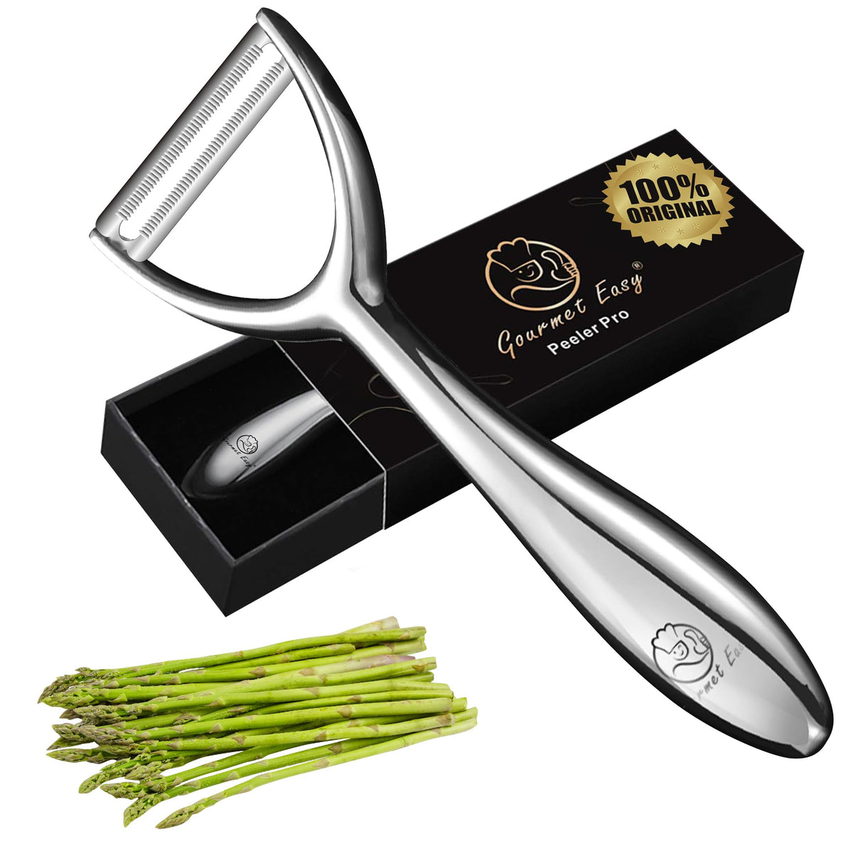 Gourmet Easy vegetable peeler with serrated blade for effortless peeling of tough skins.