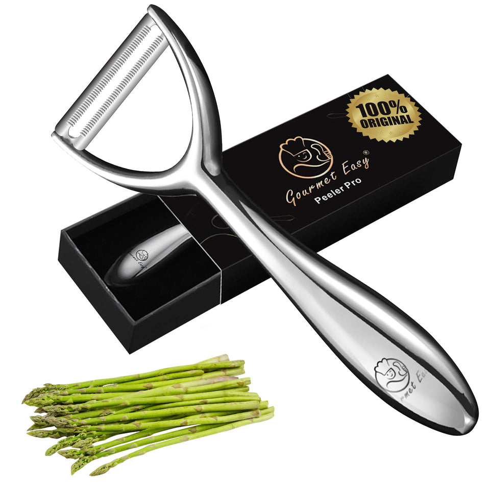 Gourmet Easy vegetable peeler with serrated blade for effortless peeling of tough skins.