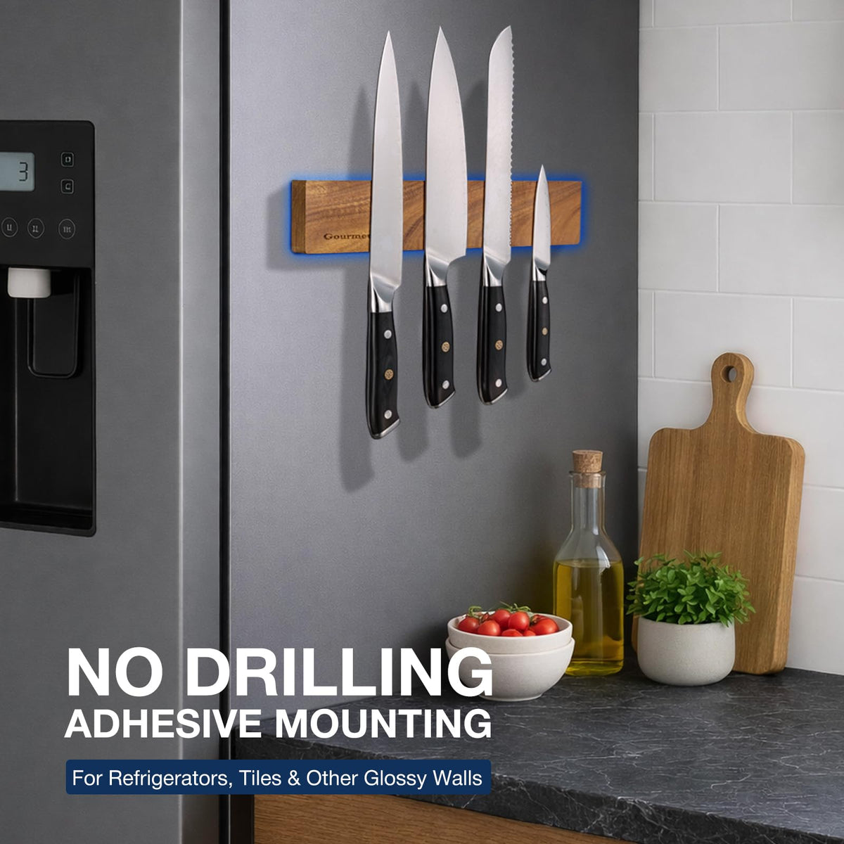 Gourmetop acacia wood knife-strip surface highlighting natural grain and smooth finish.