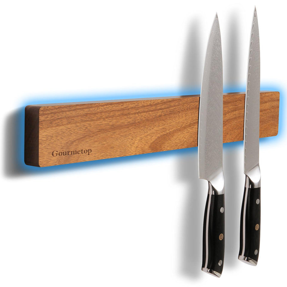 Gourmetop acacia wood magnetic knife strip 16 inch keeping chef knives secure and accessible.