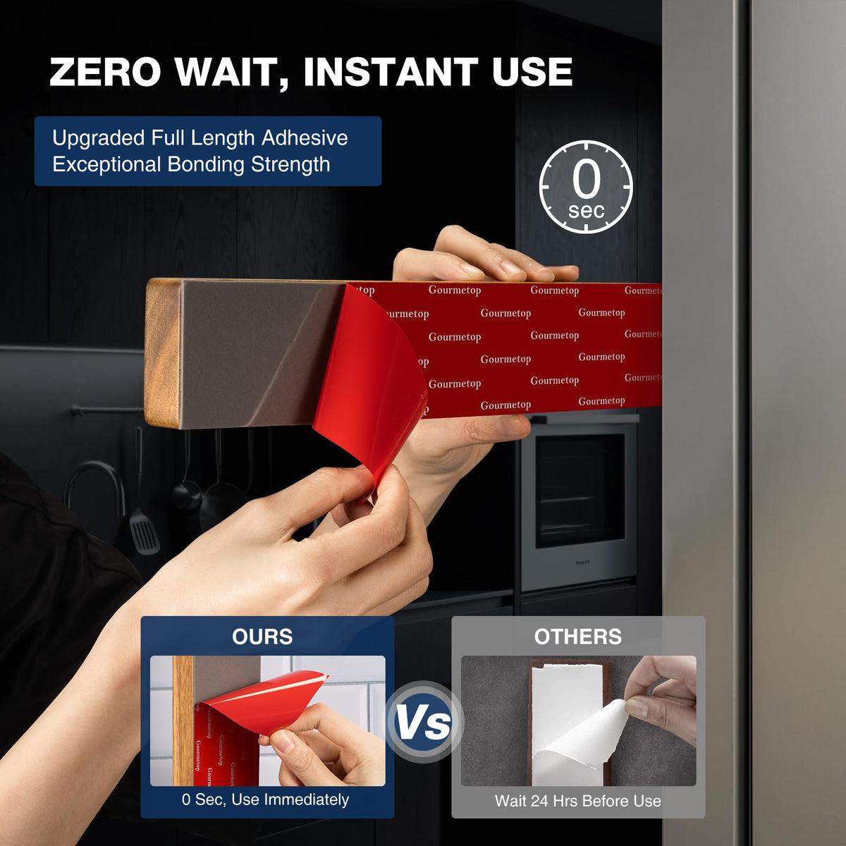Gourmetop adhesive refrigerator-mount knife strip shown on a glossy surface for easy setup.