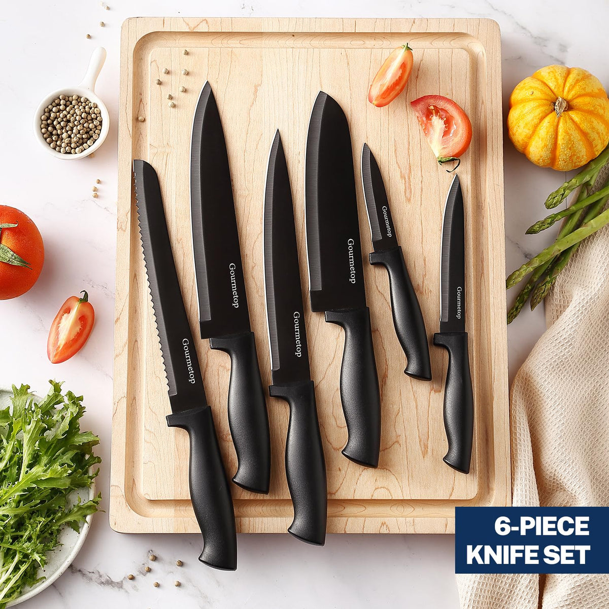 Gourmetop 7-inch Santoku knife image ideal for mincing and dicing.