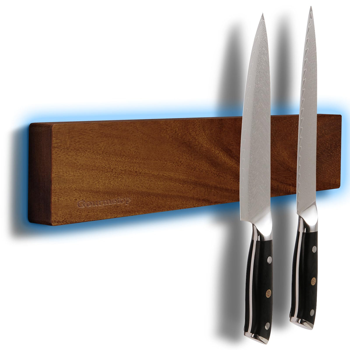 Gourmetop knife strip mounted on wall with dark acacia wood finish