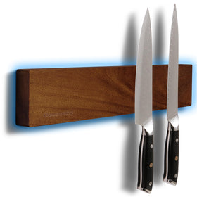 Gourmetop knife strip mounted on wall with dark acacia wood finish