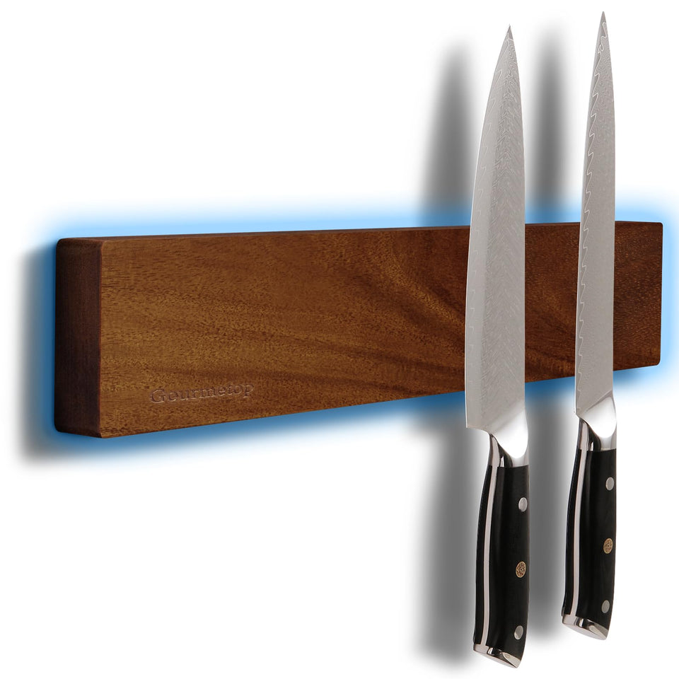 Gourmetop knife strip mounted on wall with dark acacia wood finish