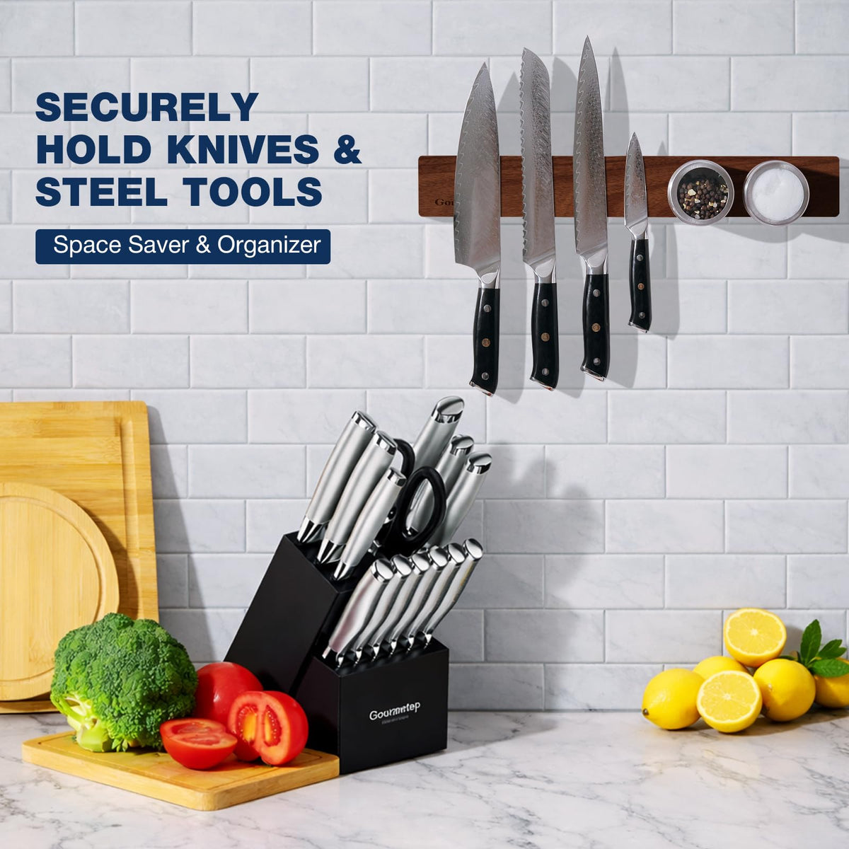 Gourmetop 16 inch magnetic strip in a kitchen saves space.