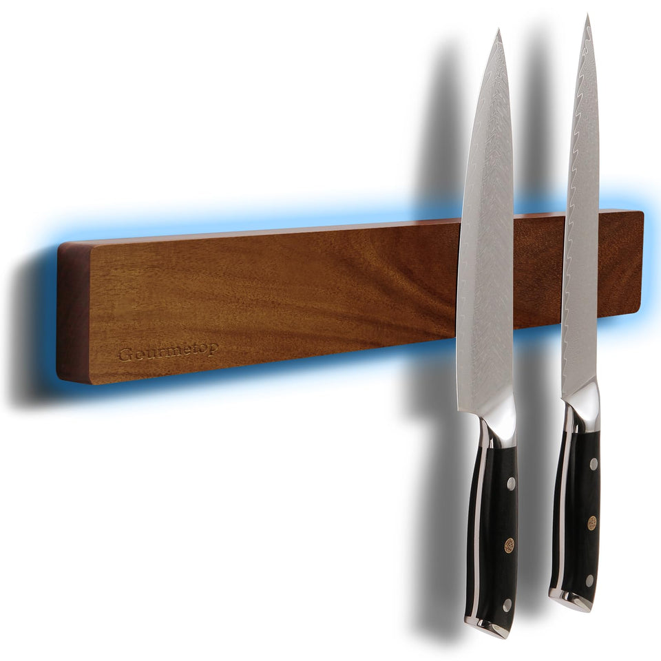 Gourmetop knife strip wall mount front view with organized blades for easy access.