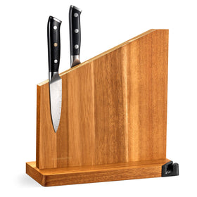Gourmetop magnetic knife holder with built-in sharpener, top view showing secure blade grip