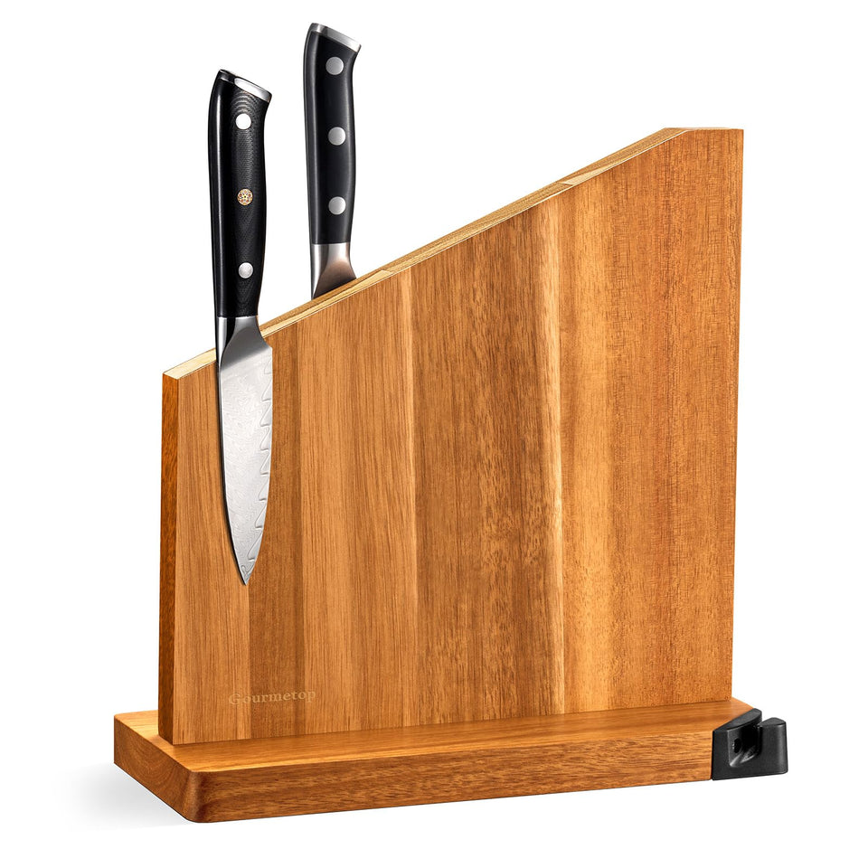 Gourmetop magnetic knife holder with built-in sharpener, top view showing secure blade grip