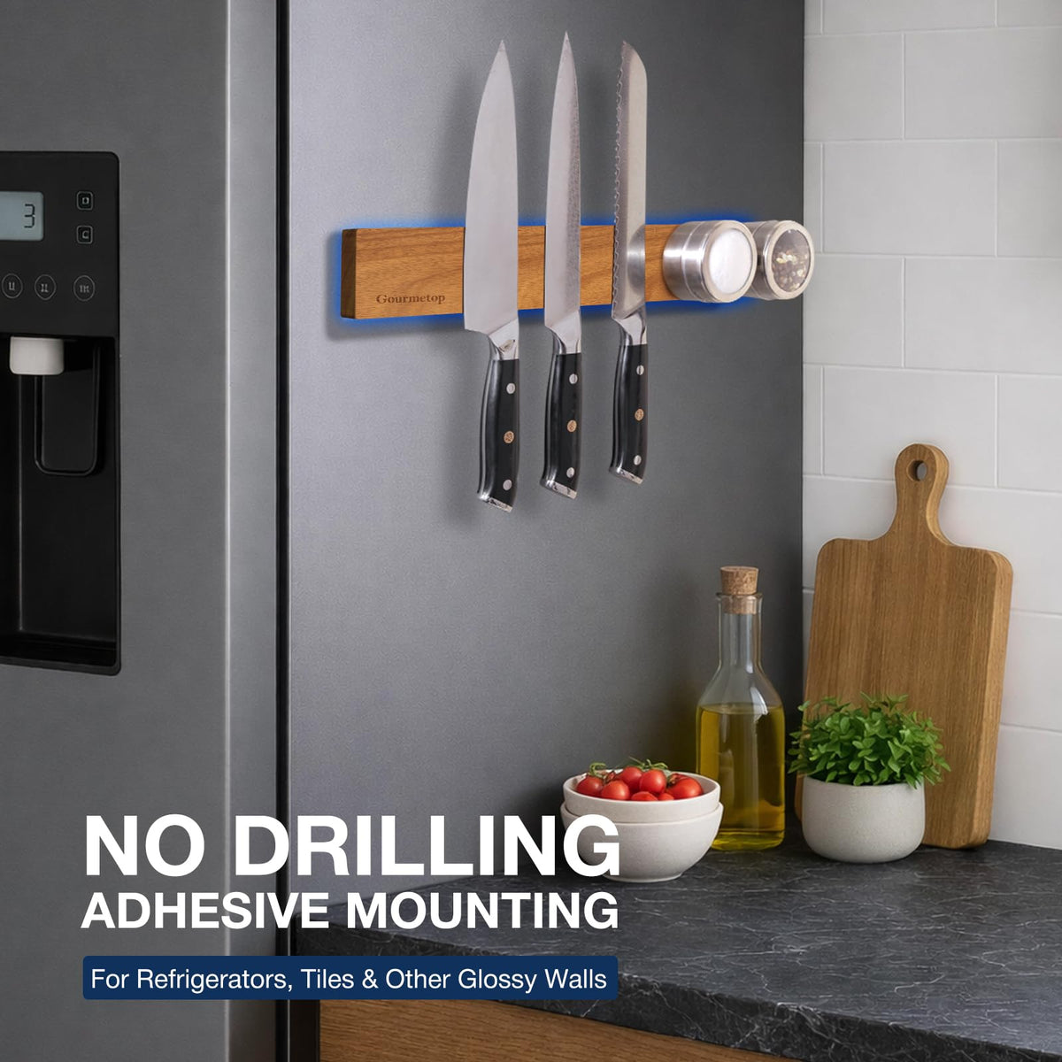 Gourmetop no drill mount using 3M adhesive for tile and glass surfaces.