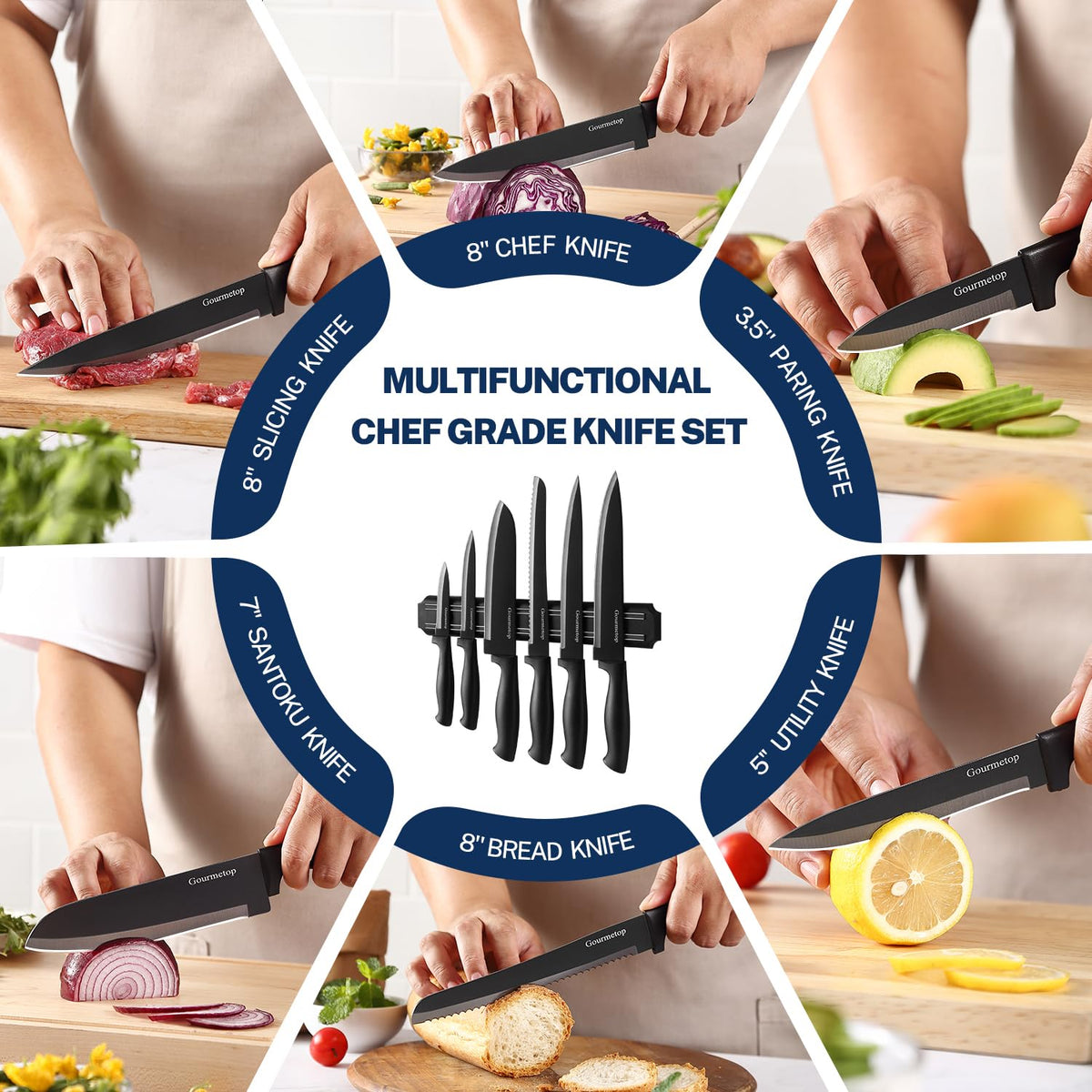 Gourmetop magnetic strip no-drill image showing secure knife storage.