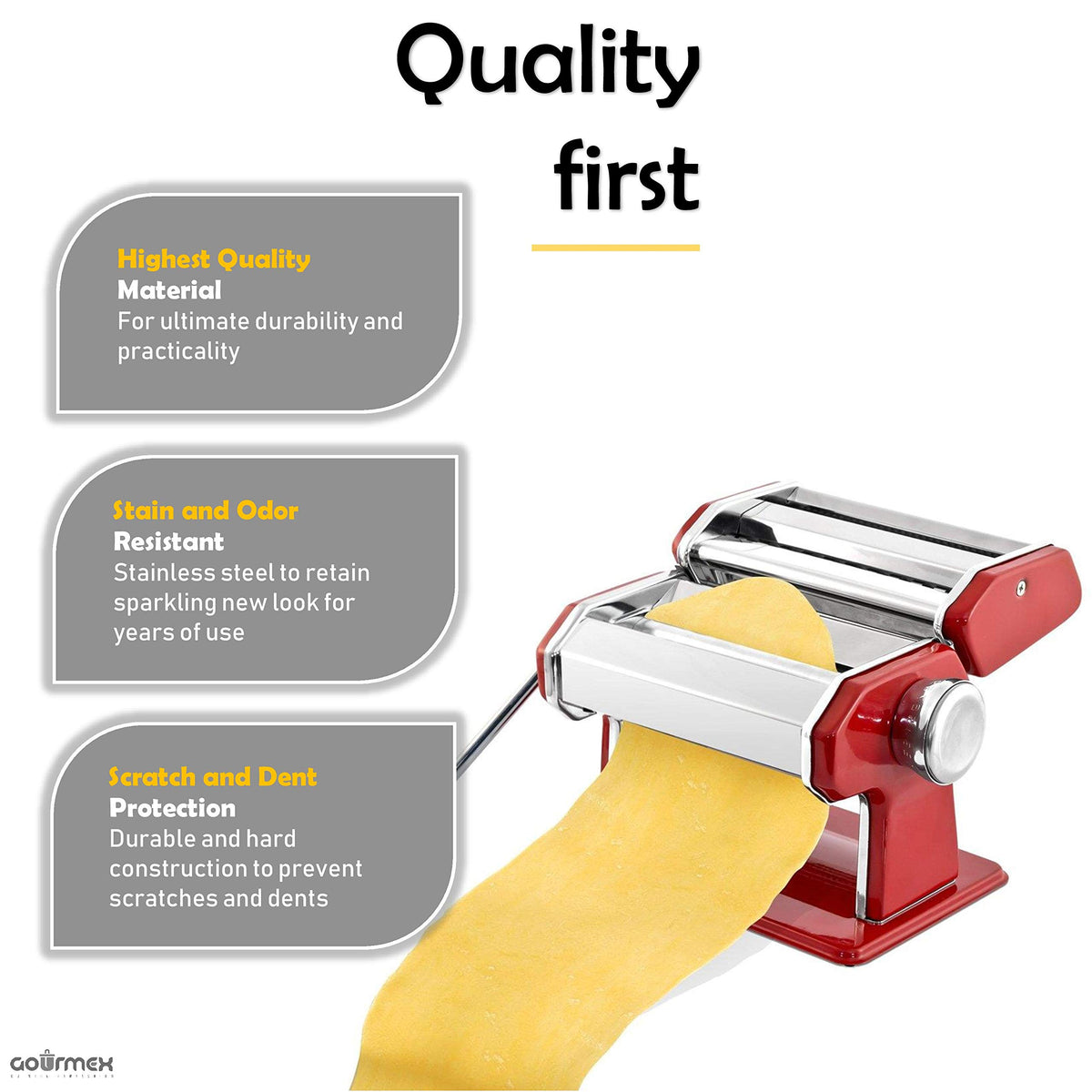 GOURMEX pasta maker double cutter head supports spaghetti and fettuccine.