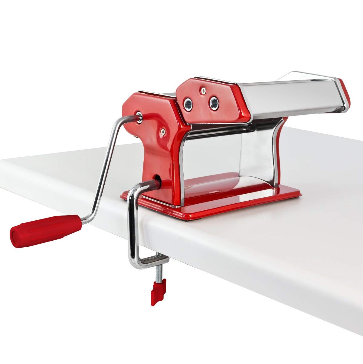 GOURMEX pasta maker red color detail adds stylish kitchen focal point.