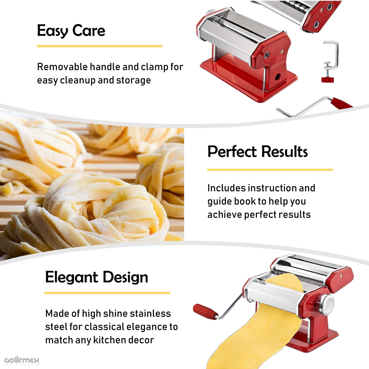 GOURMEX pasta maker removable handle and clamp ensure compact storage.
