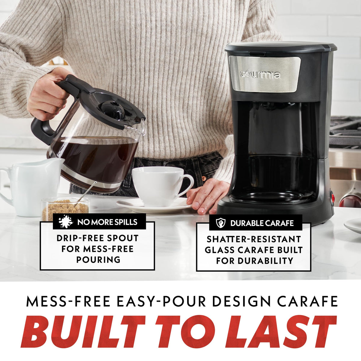 Gourmia 12-cup coffee maker control panel enables quick brew settings for busy mornings.