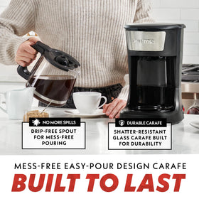 Gourmia 12-cup coffee maker control panel enables quick brew settings for busy mornings.