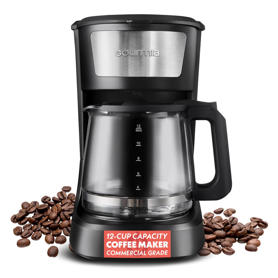 Gourmia 12-cup coffee maker front view shows easy one-touch brew option.