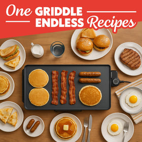 Gourmia griddle with pull-out drip tray for mess-free cooking