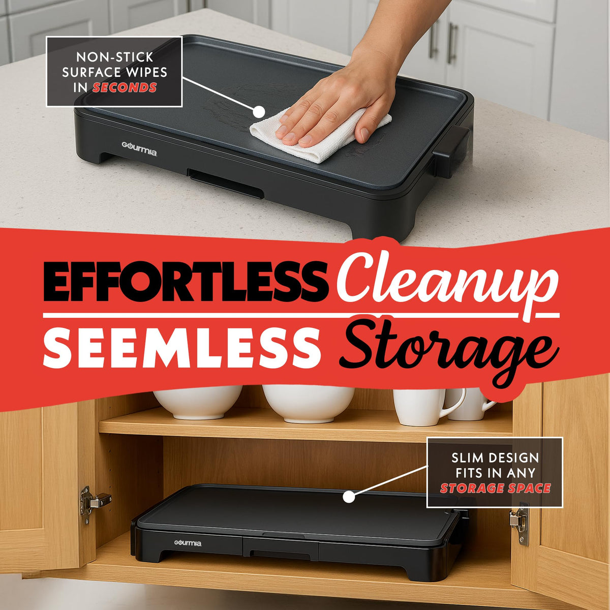Gourmia slim profile handle-free design saves cabinet space