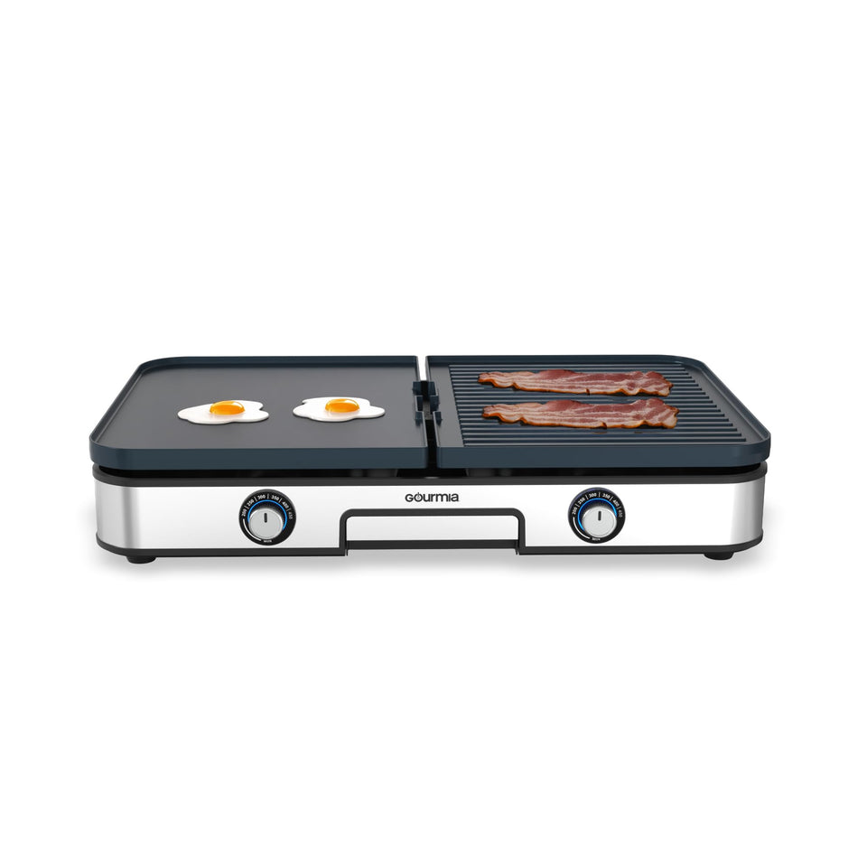 Gourmia 3-in-1 indoor grill plates in action for versatile cooking.