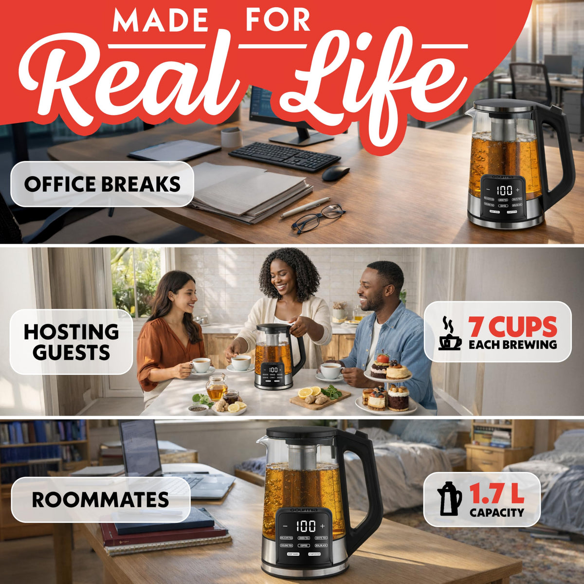 Gourmia kettle on a 360 degree swivel base for easy cordless pouring.