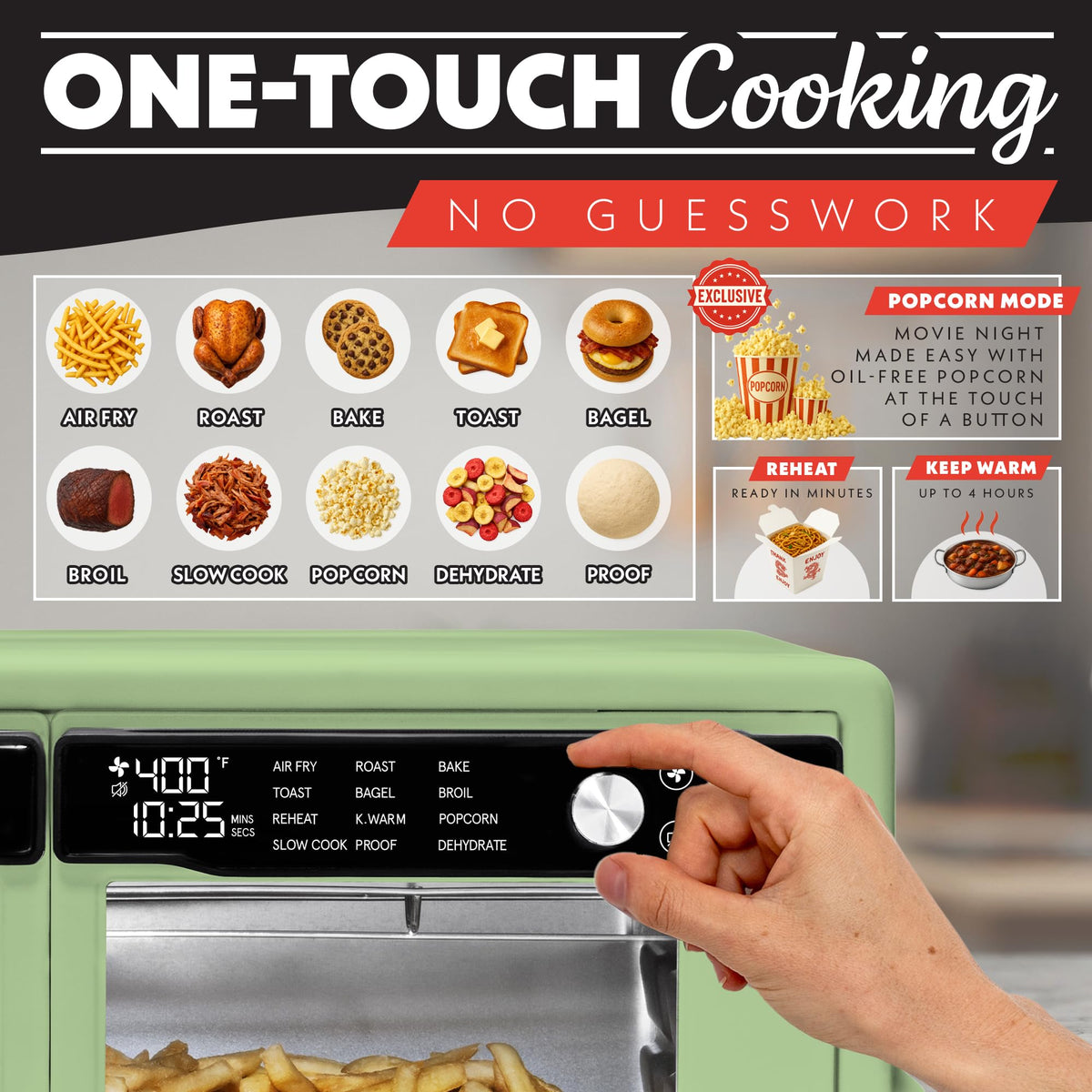 Gourmia 37-Qt interior cavity with dual racks for pizzas or sheet-pan meals