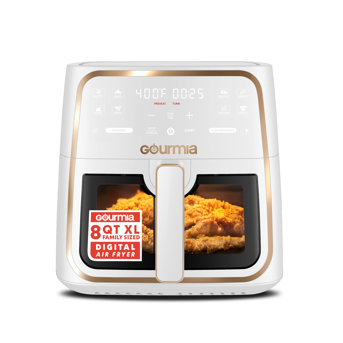 Gourmia 8 Qt air fryer basket view showing monitoring window for easy observation