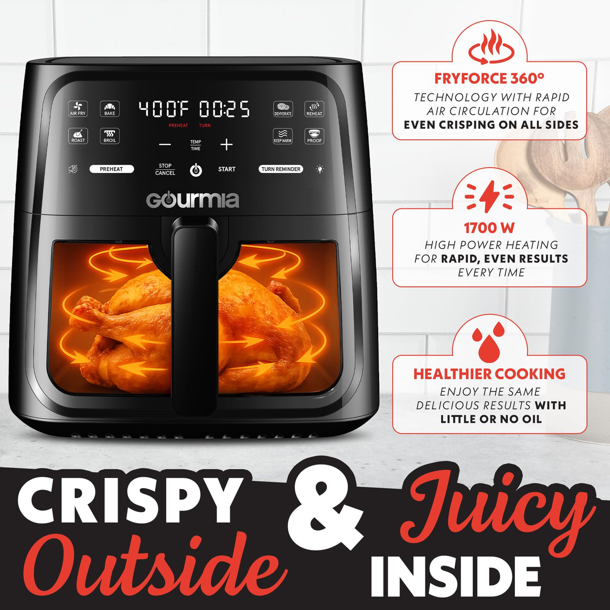 Gourmia 8-qt air fryer crisper tray demonstrates crisping potential with minimal oil.