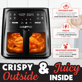 Gourmia 8-qt air fryer crisper tray demonstrates crisping potential with minimal oil.