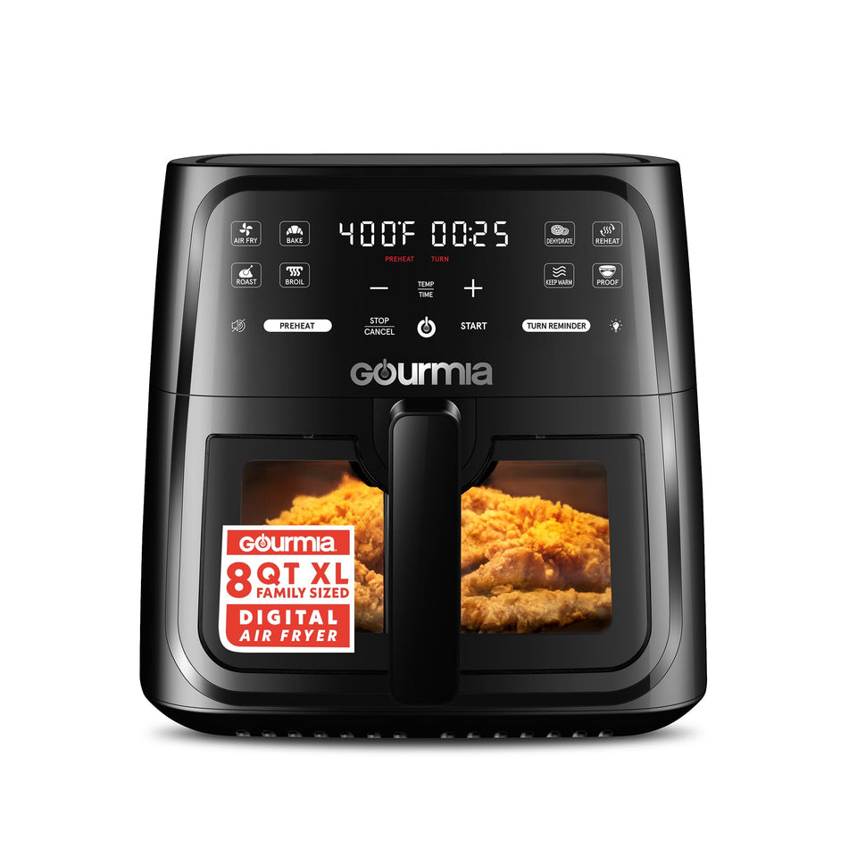 Gourmia 8-qt air fryer front-angle view showing family-size cooking capacity.