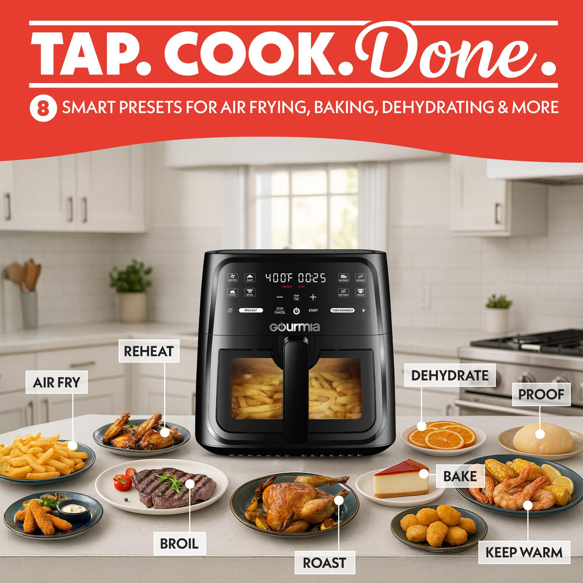 Gourmia 8-qt air fryer interior view highlighting spacious cavity for versatile frying.