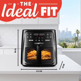 Gourmia 8-qt air fryer side-view highlights compact countertop footprint.