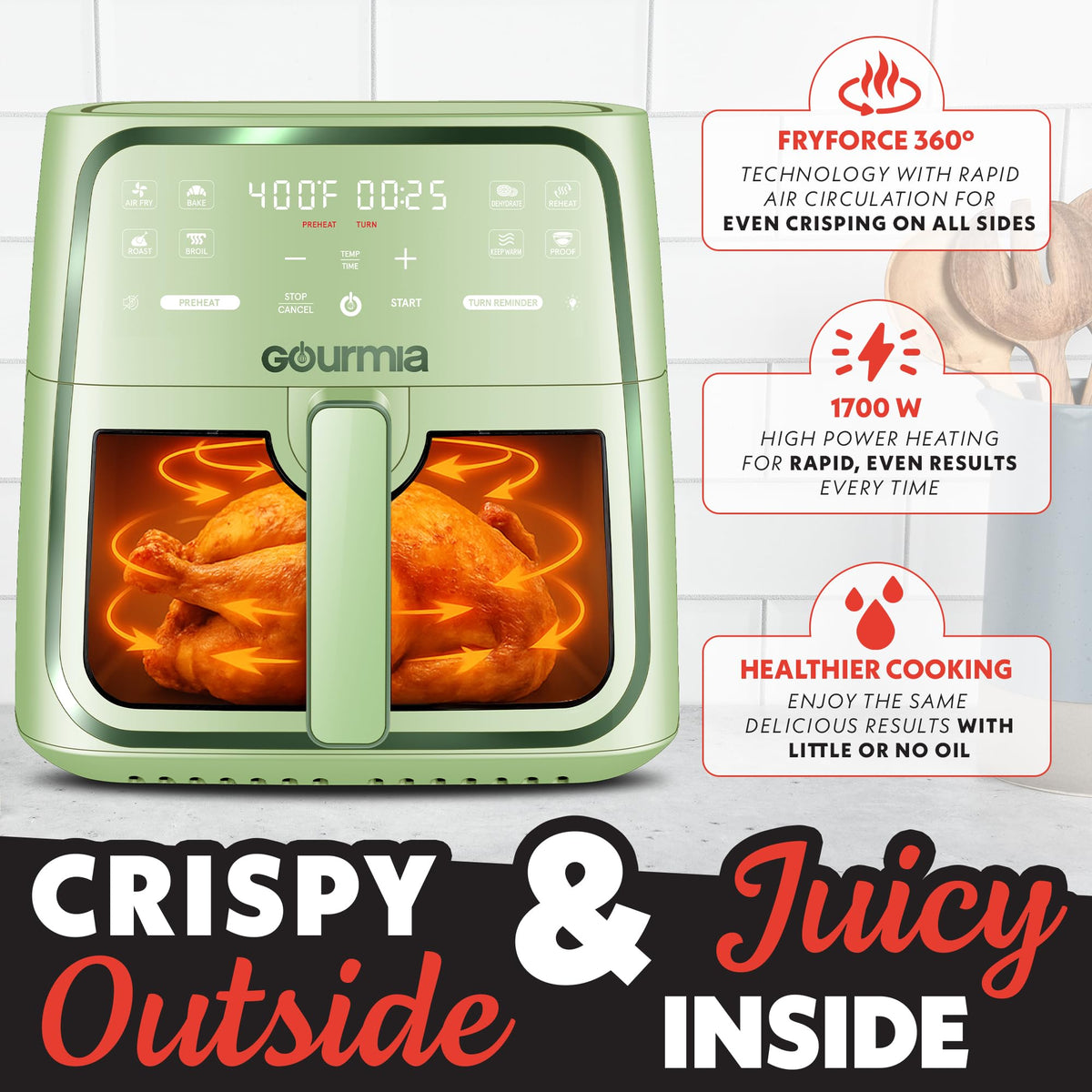 Gourmia 8 Qt Air Fryer crisper tray included for crispy results with little oil.