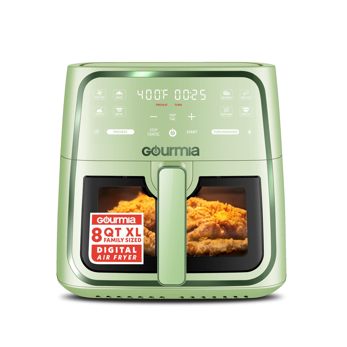 Gourmia 8 Qt Air Fryer front view with digital display for easy meal prep.