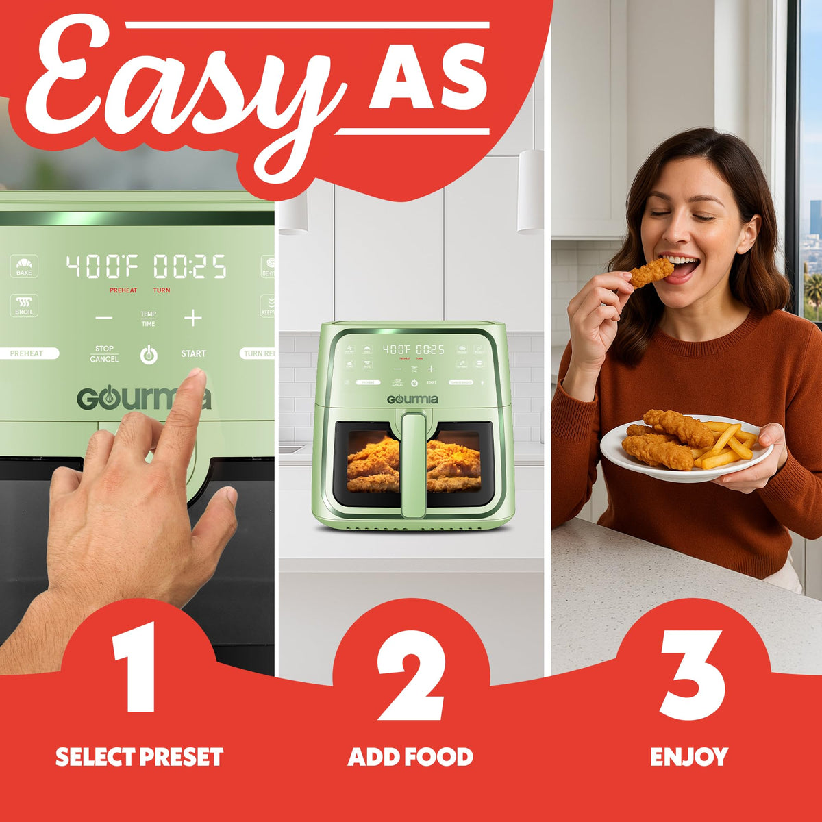 Gourmia 8 Qt Air Fryer green finish brightens counters while cooking healthful dishes.