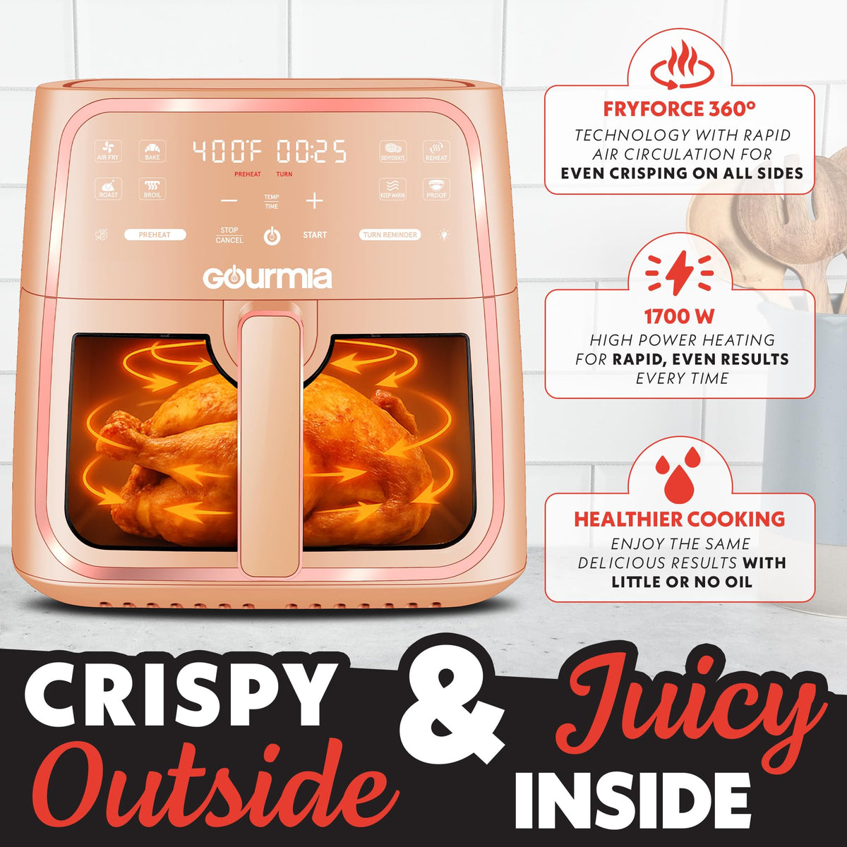 Gourmia 8 qt air fryer interior light for precise cooking