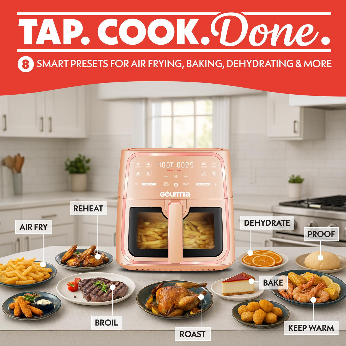 Gourmia 8 qt air fryer peach digital display for quick settings