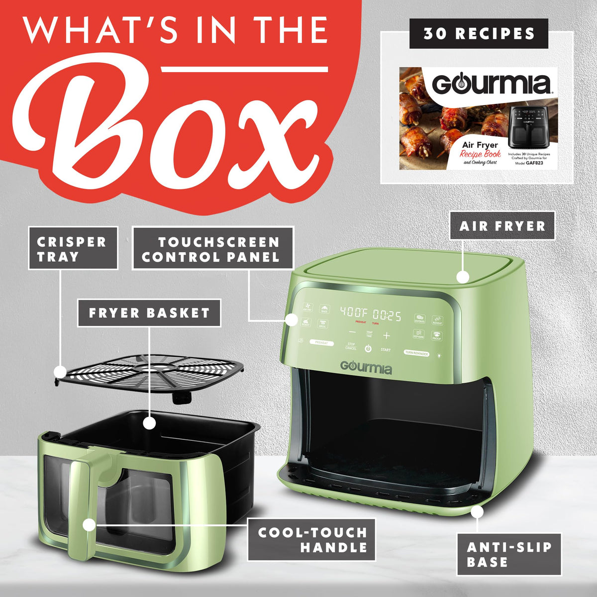Gourmia 8 Qt Air Fryer preheat function for consistent results.