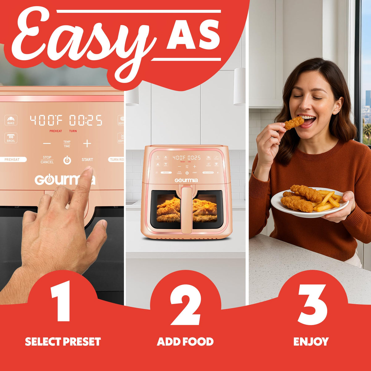 Gourmia 8 qt air fryer quiet cooking with mute function