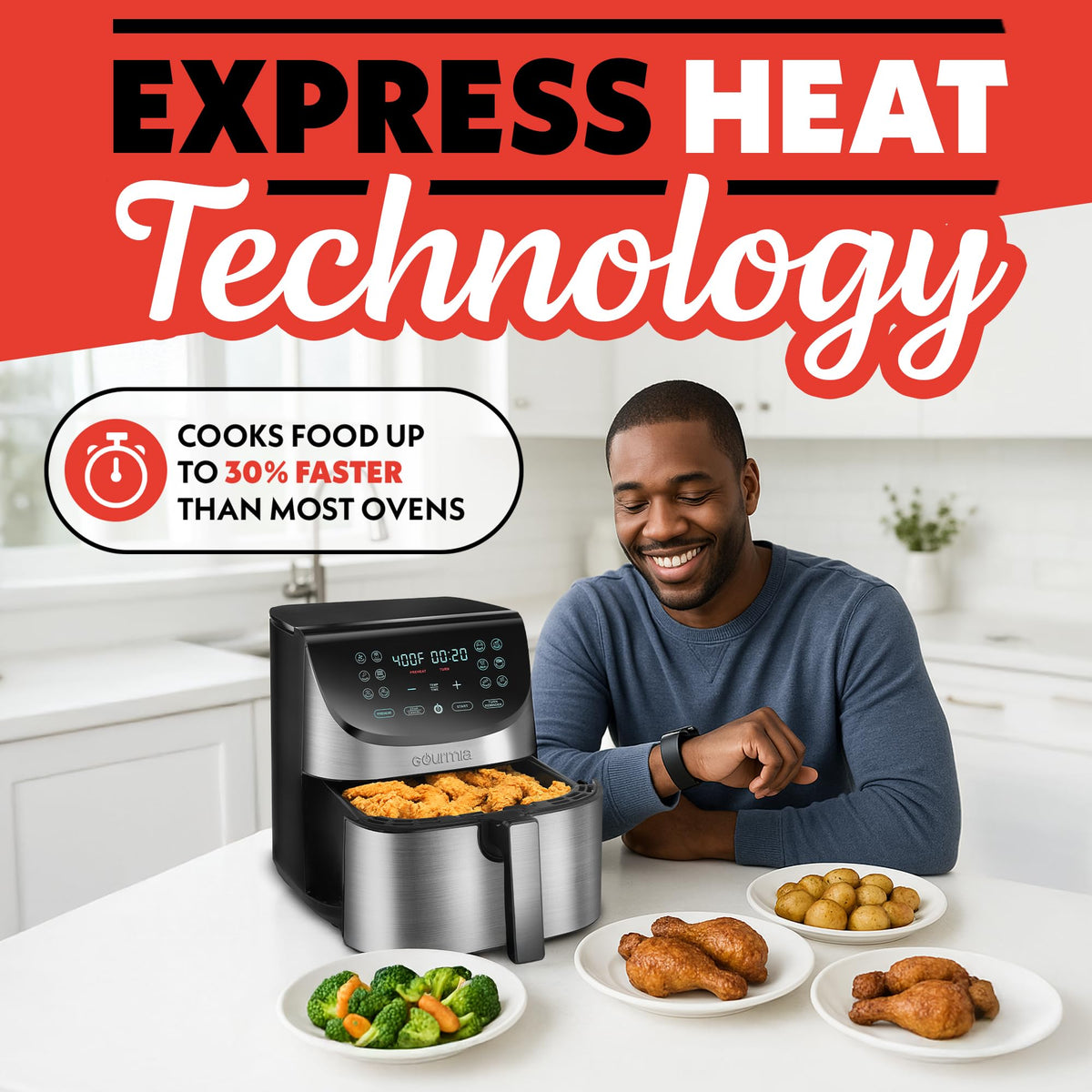 Gourmia air fryer with 12 presets and clear digital display for simple cooking.