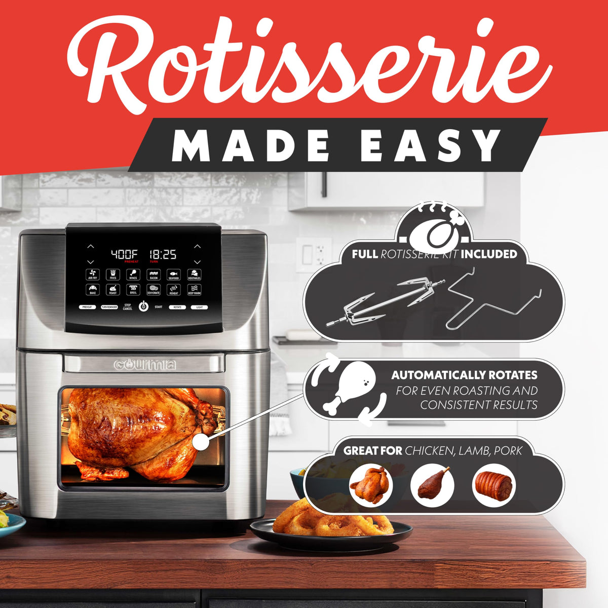 Gourmia 12 presets panel for one-touch cooking options