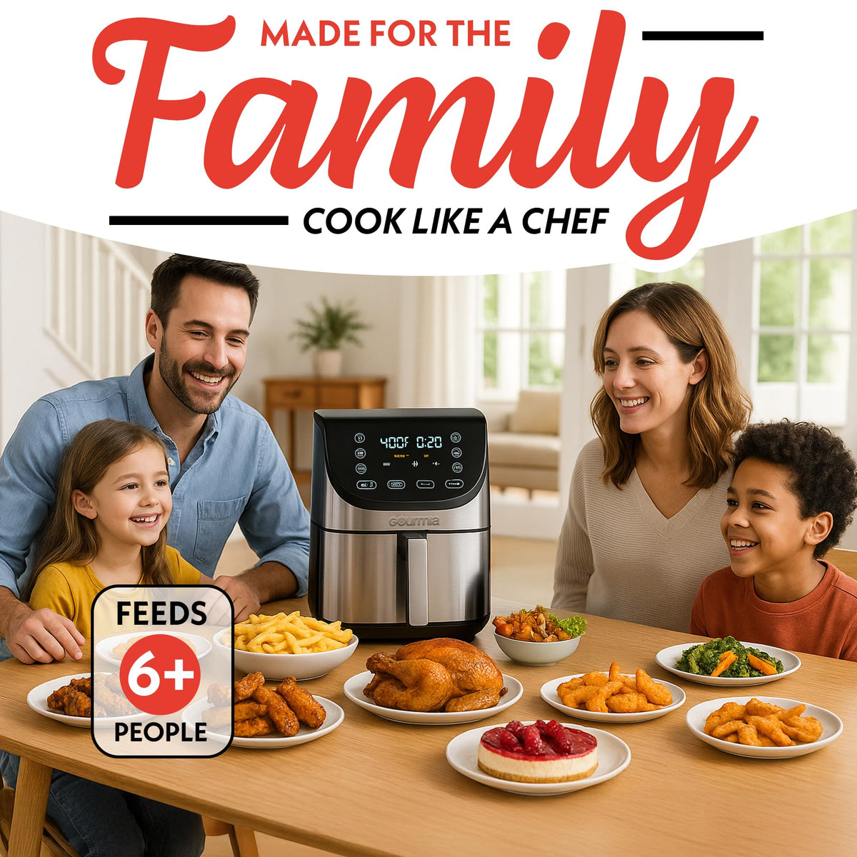 Gourmia 1700W power speeds cooking for versatile recipes.