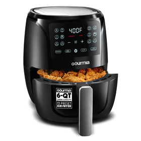 Gourmia 6 Qt air fryer basket for family meals with even browning.