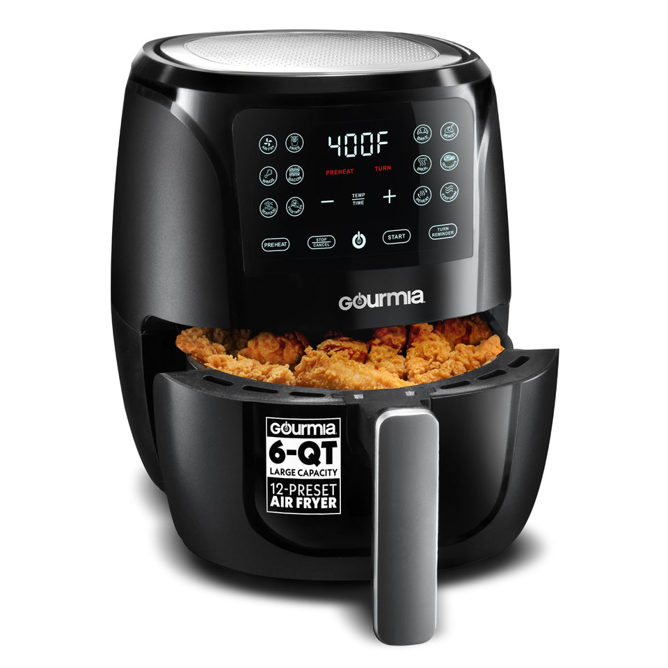 Gourmia 6 Qt air fryer basket for family meals with even browning.
