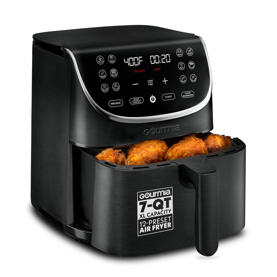Gourmia air fryer 7qt capacity showing a roomy basket ideal for family meals