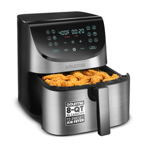 Gourmia air fryer 8qt basket for family meals and easy cleanup.