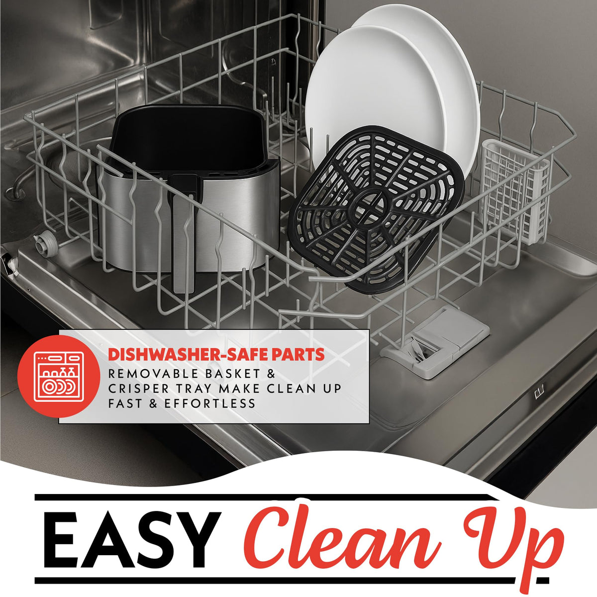 Gourmia dishwasher-safe basket and tray simplify cleanup after meals.