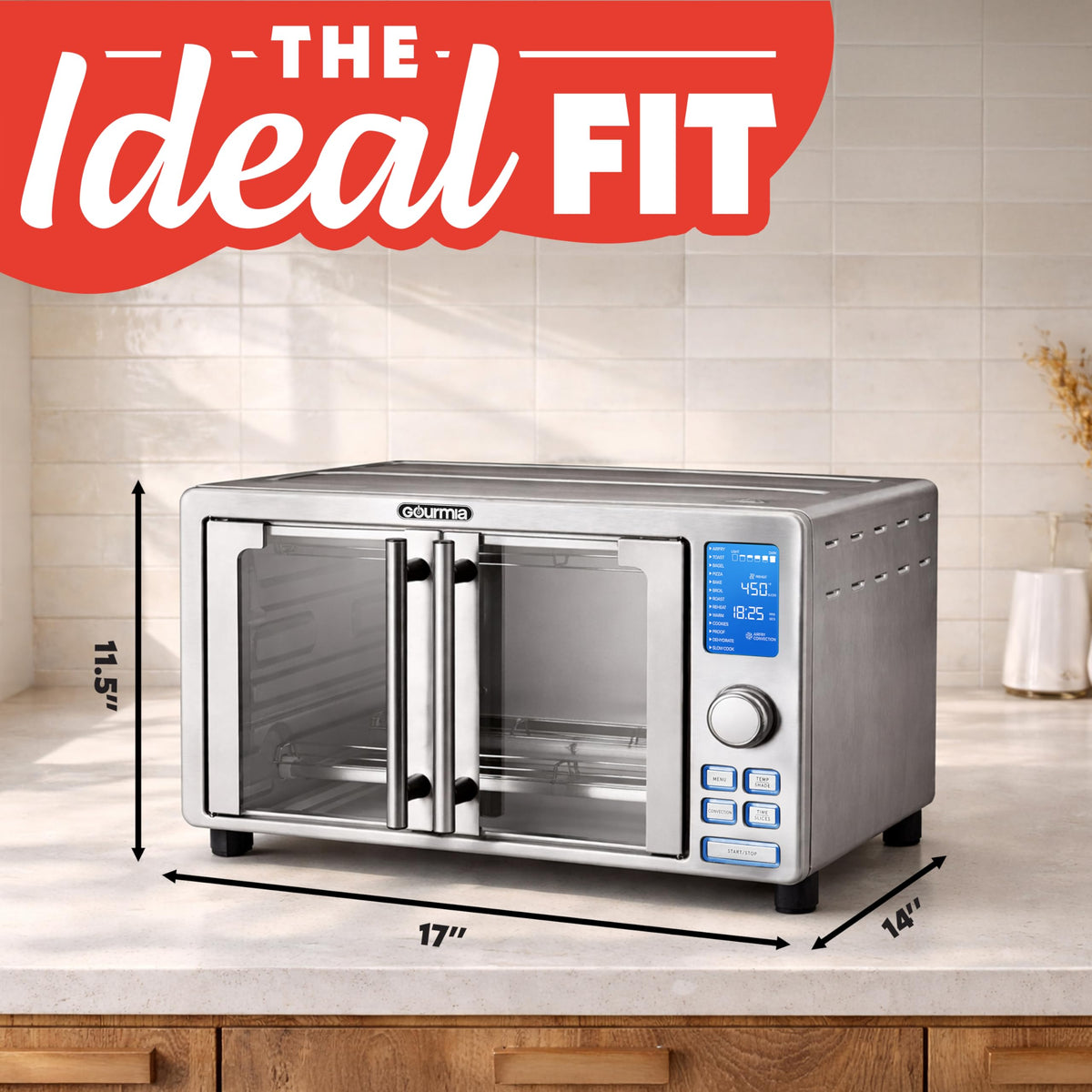Gourmia air fryer French Door Toaster Oven 14 presets cover common meals with one-touch control.
